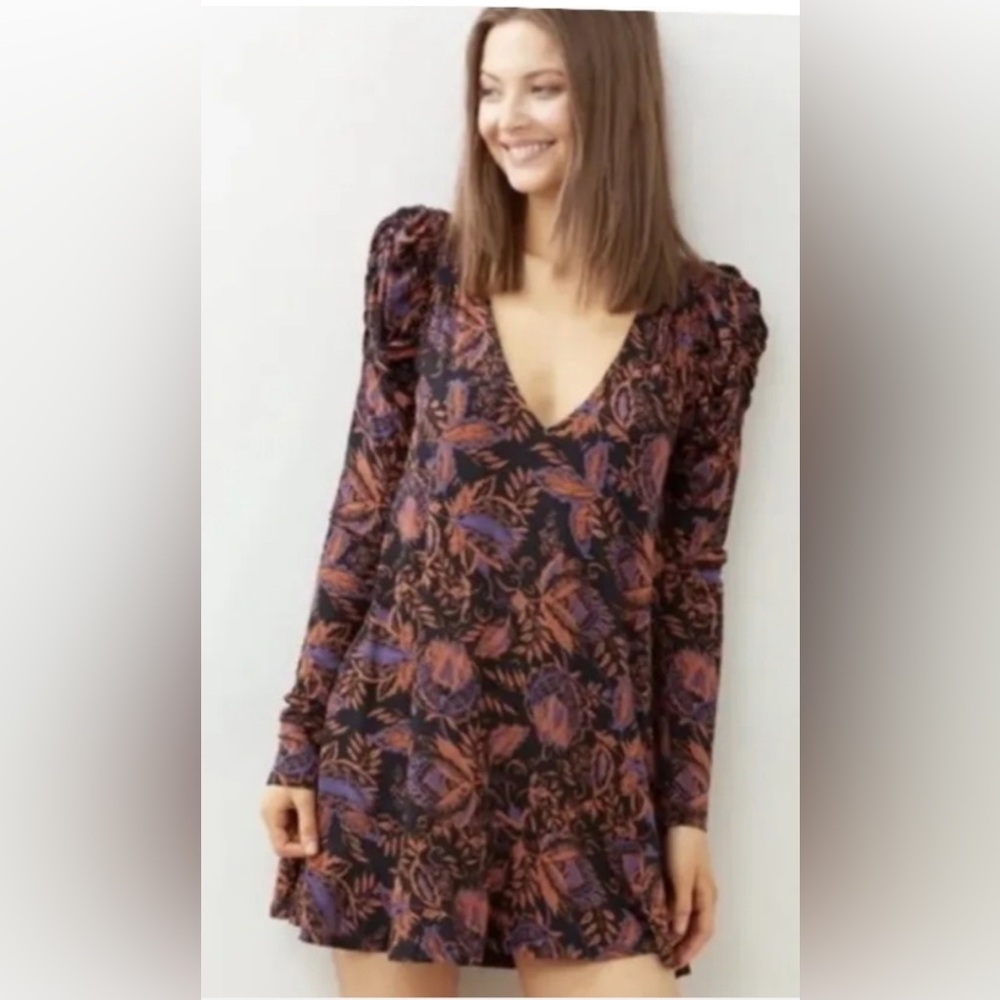 FREE PEOPLE Hello Lover Ruched Long Sleeve Printed Tunic XS - Picture 2 of 10